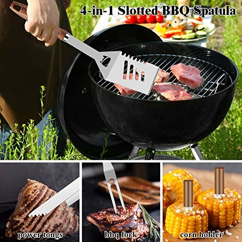 Person using 4-in-1 slotted BBQ spatula on grill with images of power tongs, bbq fork, and corn holder.