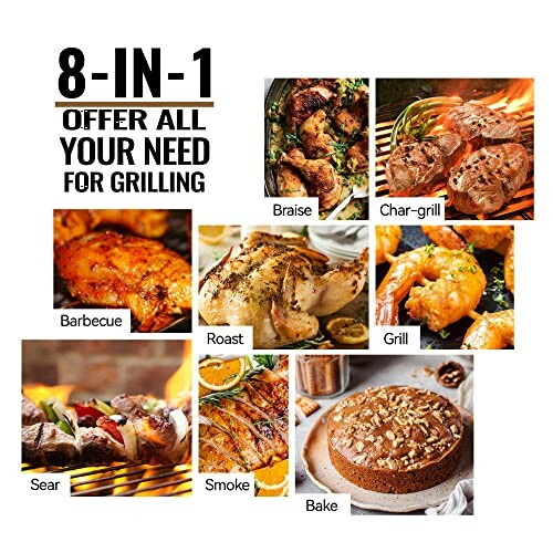 Collage of 8 grilling methods: braise, char-grill, barbecue, roast, grill, sear, smoke, bake.