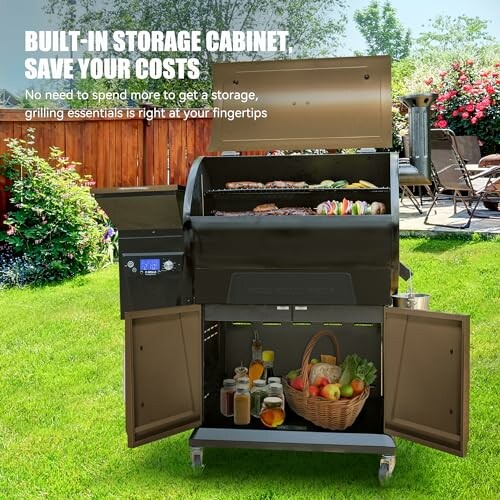 Outdoor grill with built-in storage cabinet, displaying food items.