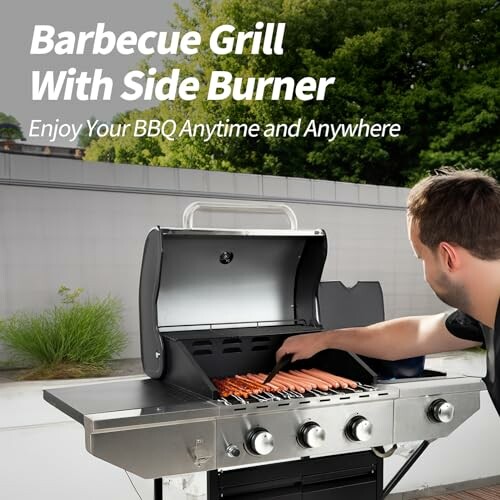 Man grilling hot dogs on a barbecue grill with side burner.