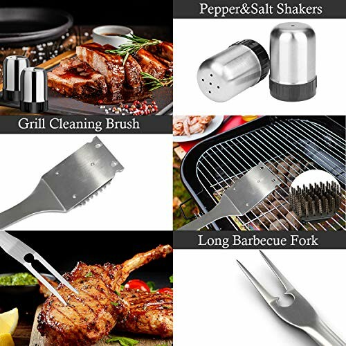 Barbecue tools including grill cleaning brush, pepper and salt shakers, and long barbecue fork.