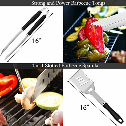 Barbecue tongs and slotted spatula with vegetables on grill.