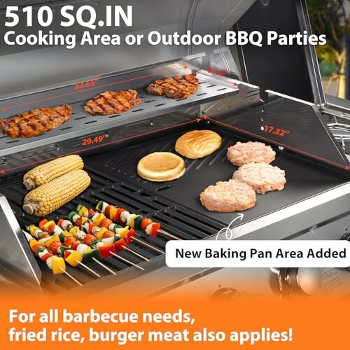 BBQ grill with various foods and dimensions labeled.