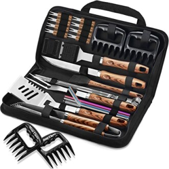 Barbecue grill tool set with wooden handles in a carrying case.