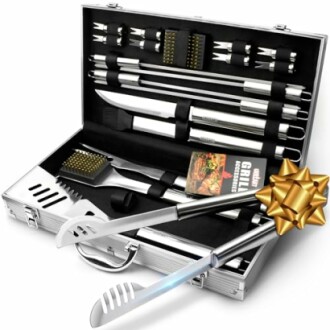 Stainless steel BBQ grill tool set in a case with utensils and a gift bow.