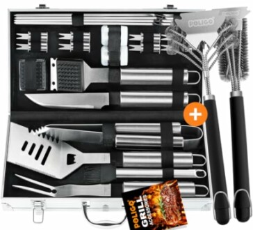 Complete BBQ grill tool set with case and cleaning brushes.