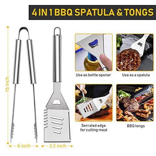 4 in 1 BBQ spatula and tongs with bottle opener, serrated edge, and grilling features.