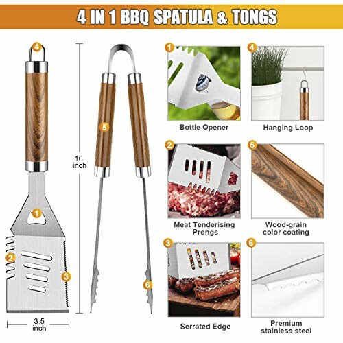 4 in 1 BBQ spatula and tongs set with bottle opener, hanging loop, meat tenderizing prongs, wood-grain color coating, serrated edge, and premium stainless steel.