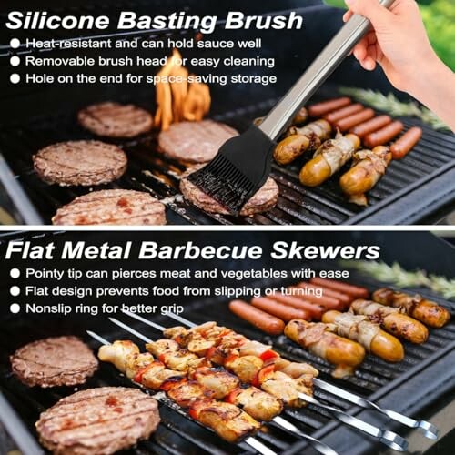 Silicone basting brush and flat metal barbecue skewers on a grill with food.