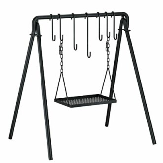 Black metal swing grill stand with chains and hooks.