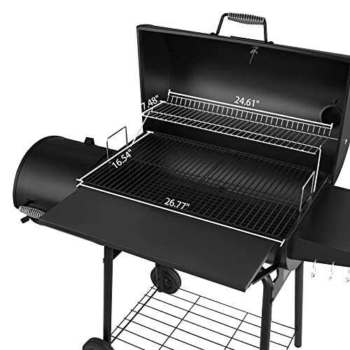 Open black smoker grill showing dimensions of cooking racks.