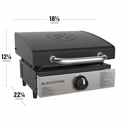 Blackstone portable tabletop grill with lid and control knob, dimensions shown