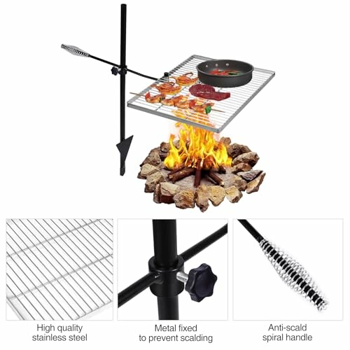 Campfire cooking grill set with adjustable grate, spiral handle, and metal fixing for scald prevention, demonstrating its versatility and safety features.