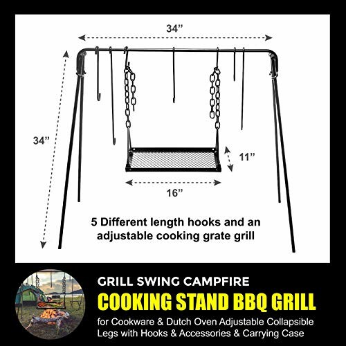 Adjustable campfire cooking stand with hooks and grill.