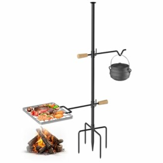 Campfire cooking stand with grill and hanging pot.