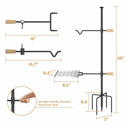 Adjustable campfire cooking stand with dimensions and wooden handle.