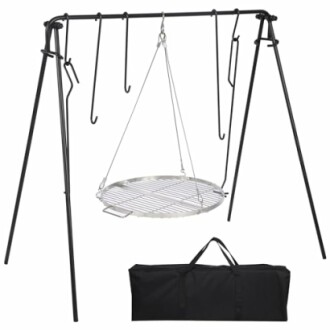 Campfire cooking tripod with hanging grill and carrying bag.