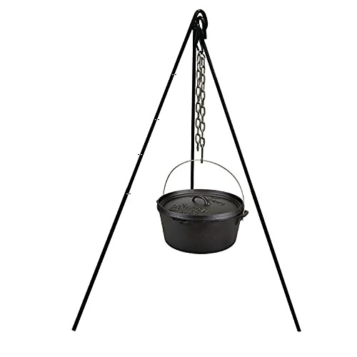 Campfire cooking tripod with hanging pot.