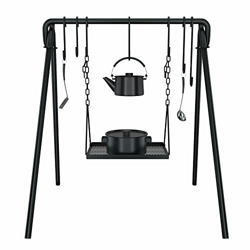 Black campfire cooking tripod with hanging kettle and pot.