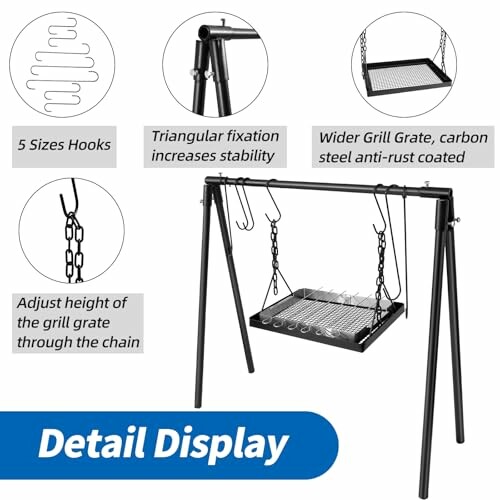 Adjustable campfire grill grate with hooks and stability features.