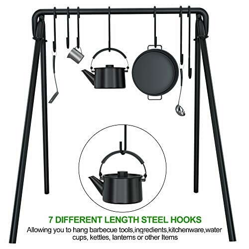 Black steel hooks with hanging kitchenware for camping