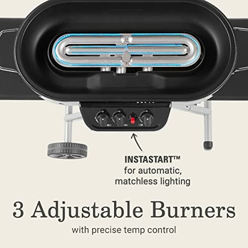 Camping grill with 3 adjustable burners and Instastart feature.