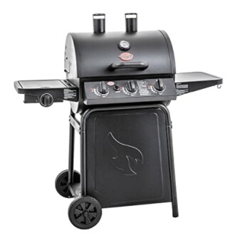 Black charcoal grill with two side shelves and wheels