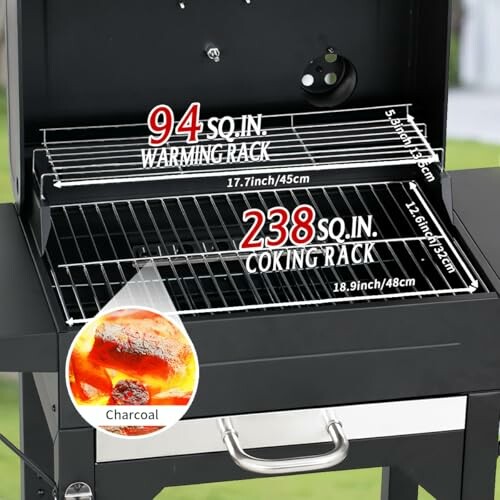 Charcoal grill with cooking and warming racks dimensions.