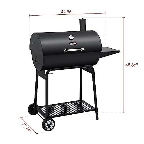 Black charcoal grill with dimensions labeled.