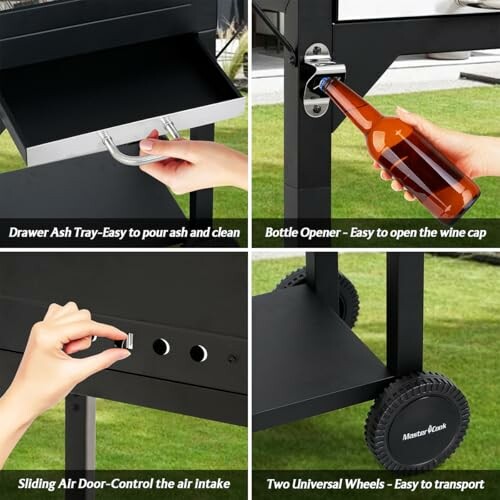 Charcoal grill features: ash tray, bottle opener, air control, wheels.