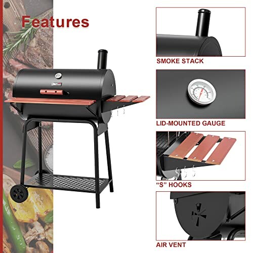 Charcoal grill with smoke stack, lid-mounted gauge, S hooks, and air vent.