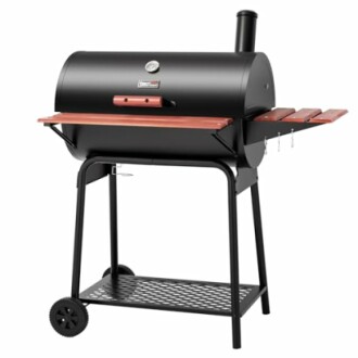 Charcoal grill smoker with chimney and side shelf