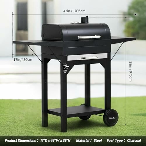 Charcoal grill with dimensions and specifications displayed.