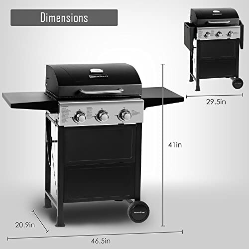 Charcoal grill with dimensions labeled: 46.5 inches wide, 20.9 inches deep, 41 inches high.