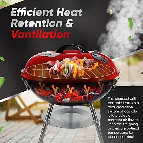 Portable charcoal grill with skewers and ventilation system.