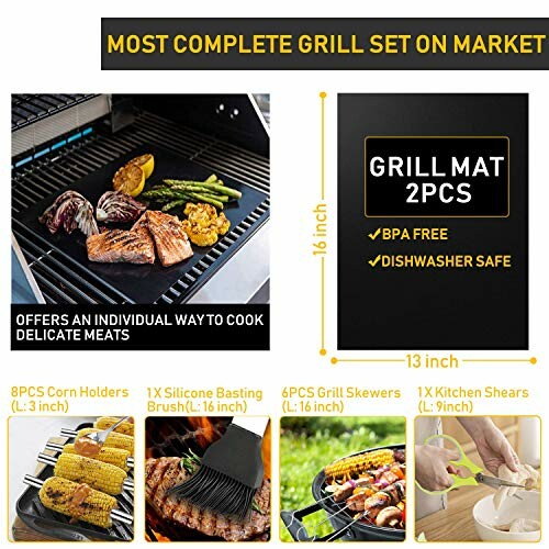 Grill set with corn holders, basting brush, grill skewers, kitchen shears, and grill mat.