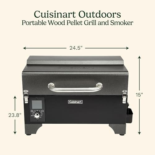 Cuisinart Outdoors portable wood pellet grill and smoker with dimensions.