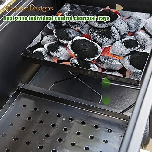 Dual-zone individual control charcoal trays with glowing coals.