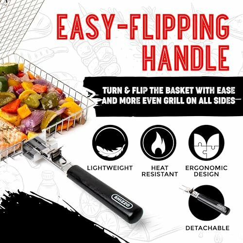 Easy-flipping handle for grill basket with lightweight, heat resistant, ergonomic design, and detachable features.