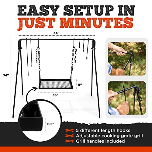 Swing grill stand with adjustable cooking grate and hooks.