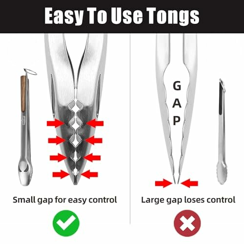 Comparison of tongs with small gap for easy control versus large gap losing control.