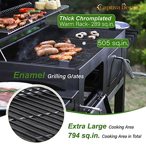 Outdoor grill with food on enamel grates and warm rack.