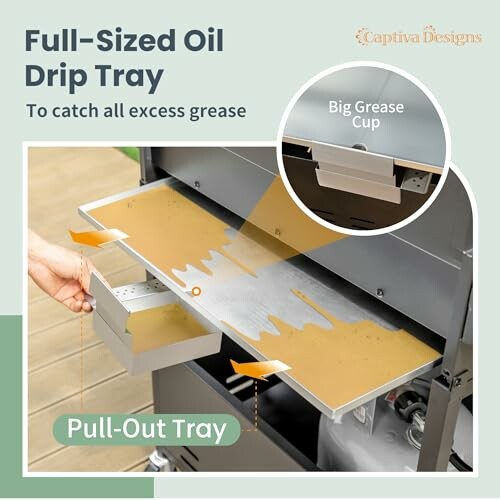 Full-sized oil drip tray with big grease cup and pull-out tray.