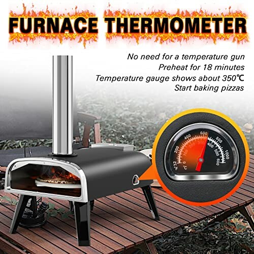 Furnace thermometer for pizza oven showing temperature gauge and usage instructions.