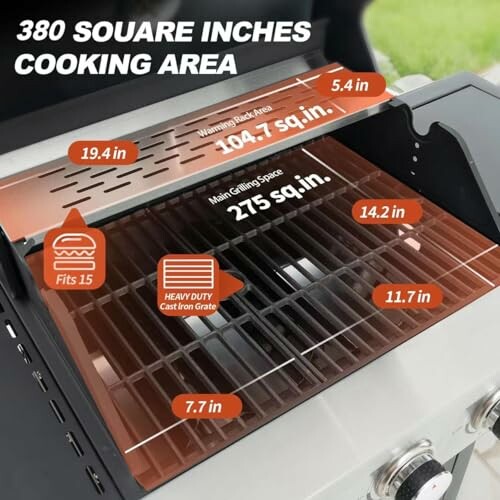 Gas grill with labeled cooking areas and measurements.