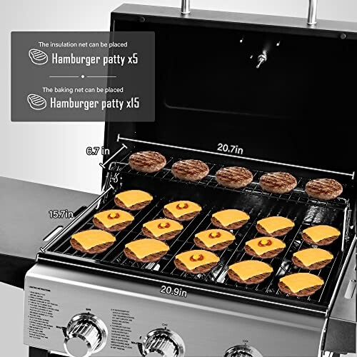 Gas grill with double-layer cooking grates and hamburgers.