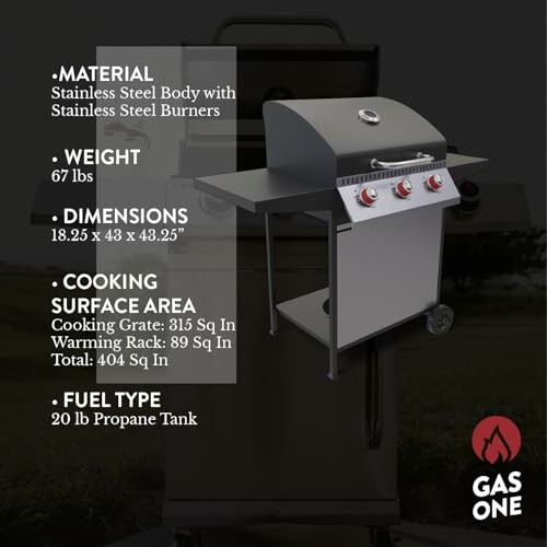 Gas grill with specifications on material, weight, dimensions, cooking surface area, and fuel type.