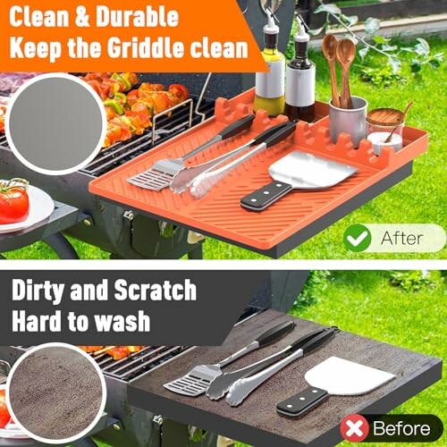 Comparison of griddle cleaning with durable tray versus dirty surface.