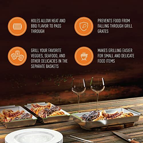 Grill baskets with features: heat flow, food safety, versatile cooking, delicate food handling.