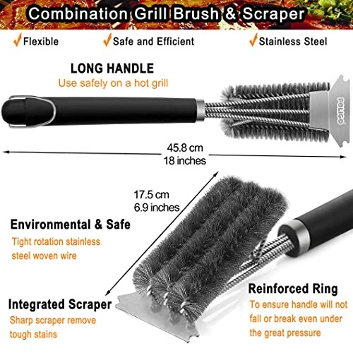 Combination grill brush and scraper with long handle and stainless steel bristles.